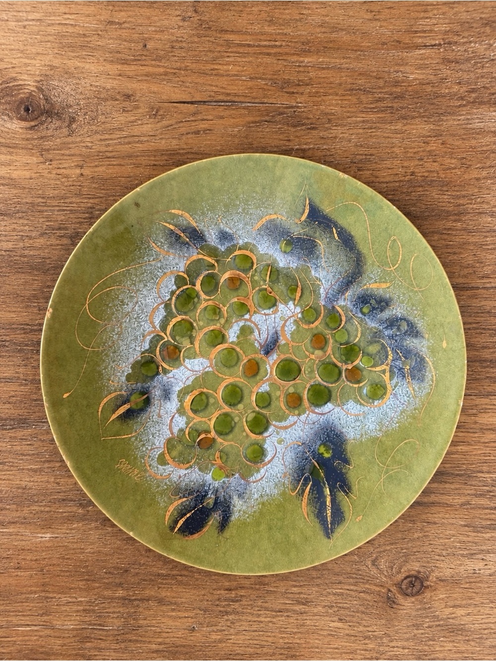 Vintage Sascha Brastoff Enamel on Copper Grape Bowl 11.5” MCM Signed